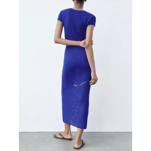 Zara Womens Small Blue Sheer Pointelle Knit Chain Midi Dress Short Sleeve - Picture 3 of 9